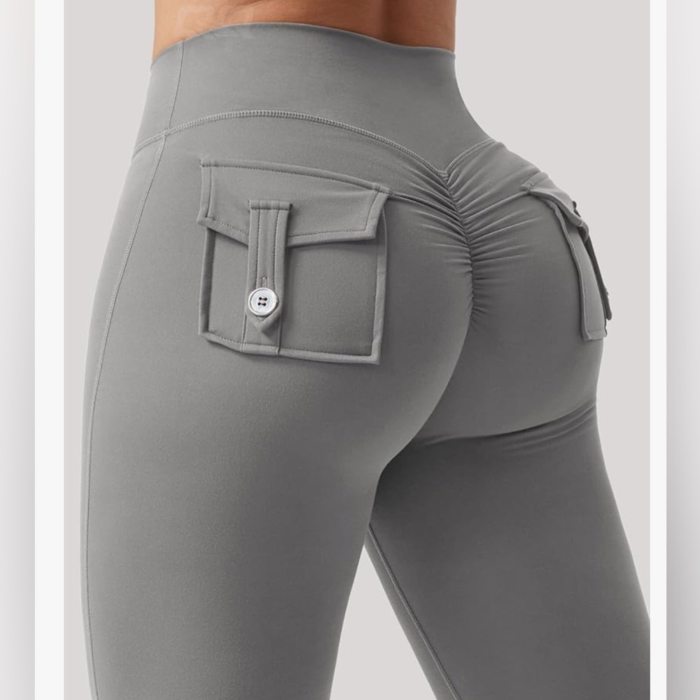 T1.High-Waisted Gray Leggings with Pocket Detail